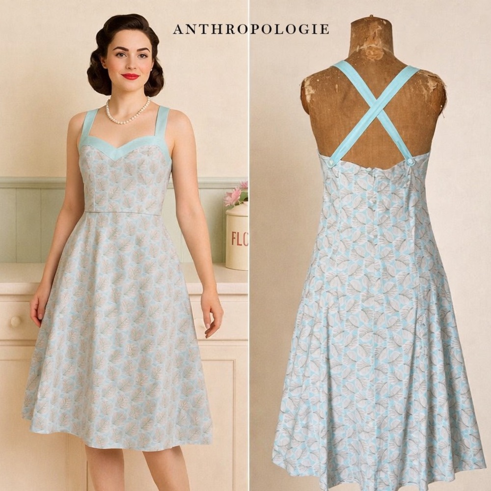 VTG Anthro’s Elevenses, Blue Leaf Print Cotton Crisscross Back Dress,EUC,Size 8